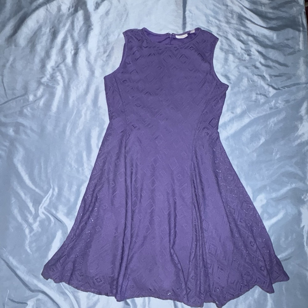 New York & Company Fit and Flare Dress S Purple Crochet Geometric Sundress